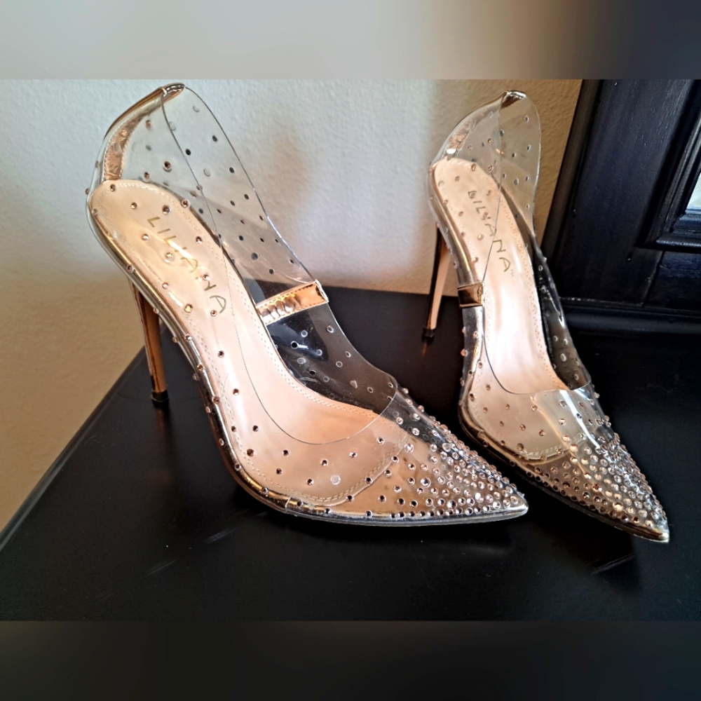 Clear pumps with rhinestones